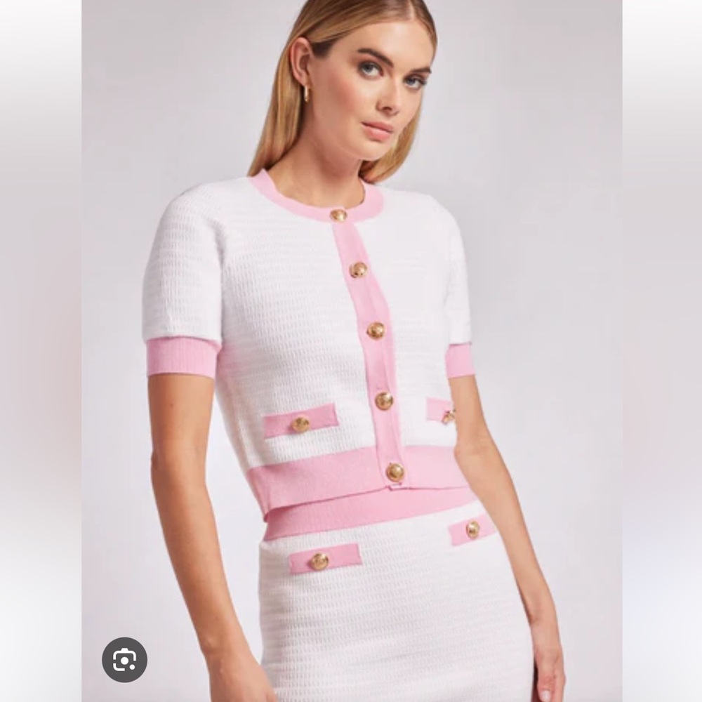 Generation Love Set  White and Pink Knit Short Sleeve Cardigan with the skirt